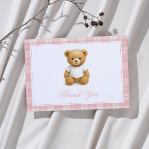 Carte De Remerciements Baby shower préppy à plaid rose ours