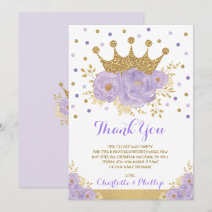 Carte De Remerciements Baby shower princesse Couronne violet or Floral