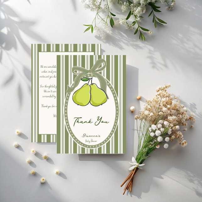 Carte De Remerciements Baby shower rayures rétro vert sauge poire (Pear sage green retro stripes vintage baby shower thank you cards)