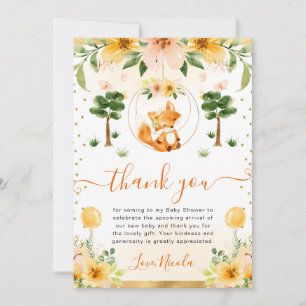 Carte De Remerciements Baby Shower Renard Floral Mignon Aquarelle