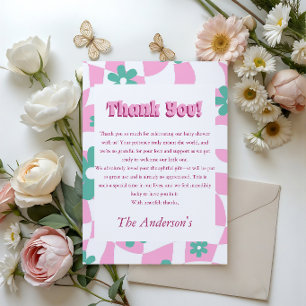 Carte De Remerciements Baby shower rétro floral rose à damier