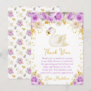 Carte De Remerciements Baby shower Rose cygne violet et or
