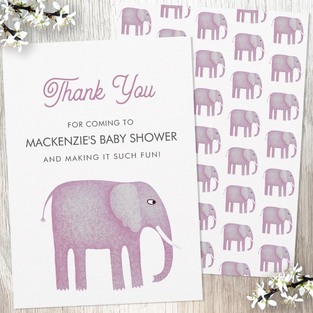 Carte de remerciements Baby shower rose éléphant (Pink watercolor elephant baby shower thank you card)