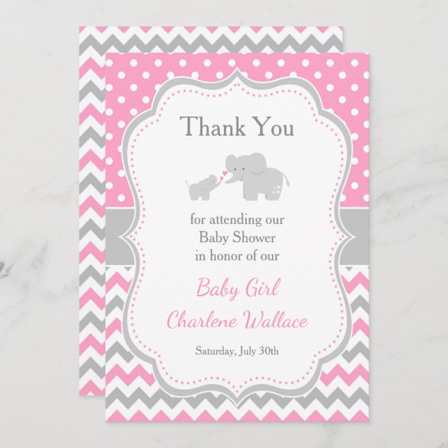 Carte De Remerciements Baby Shower Rose et Gris Éléphant (Devant / Derrière)