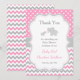 Carte De Remerciements Baby Shower Rose et Gris Éléphant