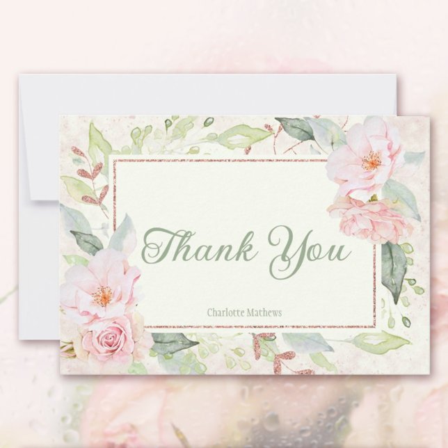 Carte De Remerciements Baby Shower Rose Pâle Aquarelle et Vert Sauge (Pink Watercolor Roses Sage Green Bridal Shower Thank You Card)
