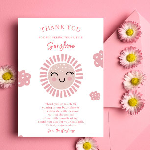 Carte De Remerciements Baby shower rose petite fille soleil