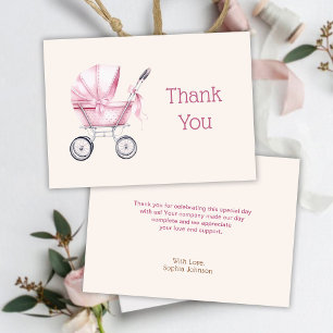 Carte De Remerciements Baby shower rose pour bébé en landau