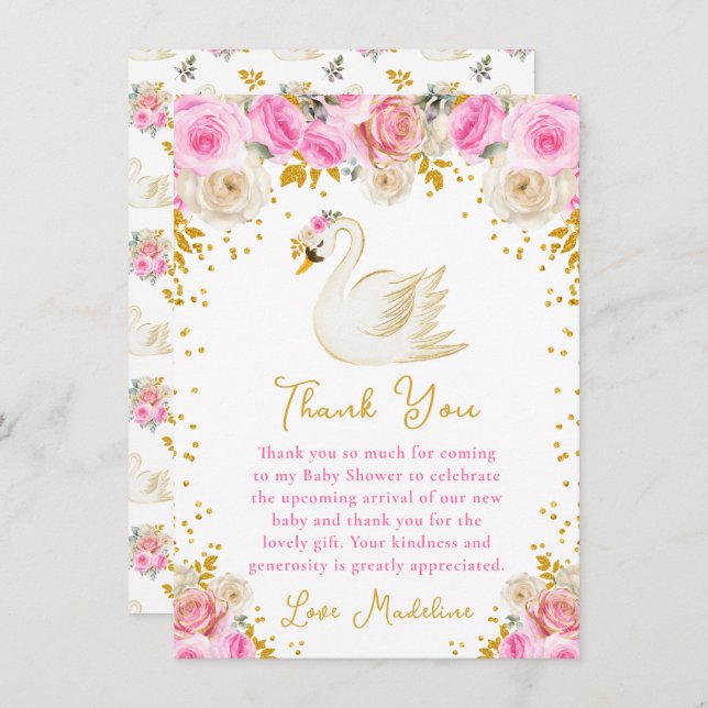 Carte De Remerciements Baby shower Rose Swan Pink et Gold (Devant / Derrière)