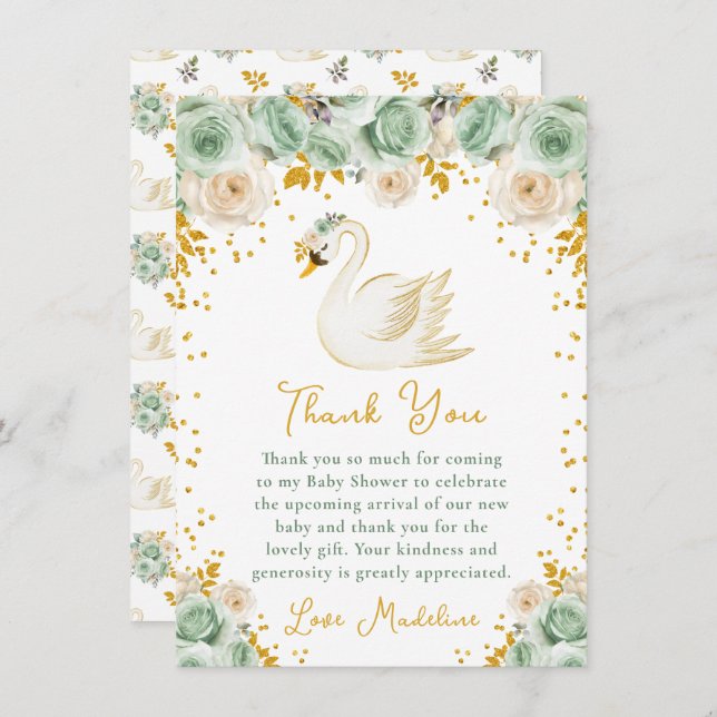 Carte De Remerciements Baby shower Rose Swan Sage Green et Gold (Devant / Derrière)