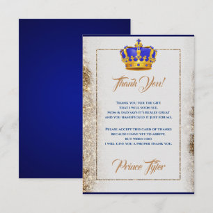 Carte De Remerciements Baby shower Royal Blue and Gold Crown Prince