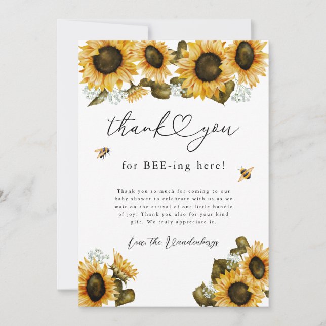 Carte De Remerciements Baby shower rustique Bee Yellow Sunflowers (Devant)