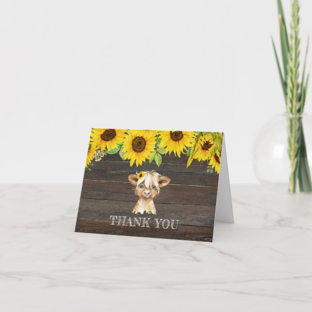 Carte De Remerciements Baby shower rustique des Tournesols Highland Cow (Devant)