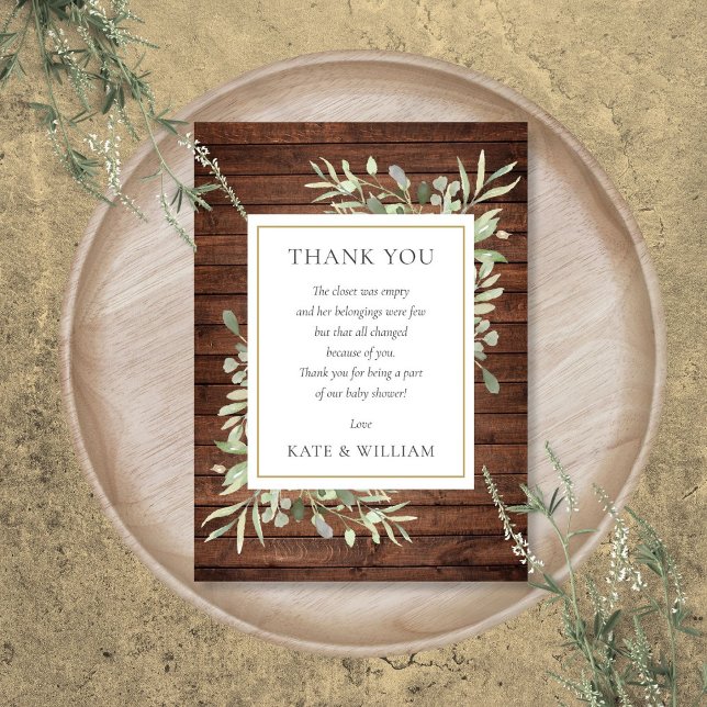Carte De Remerciements Baby shower rustique en bois vert poème (Rustic Wood Greenery Baby Shower Poem Thank You Card)