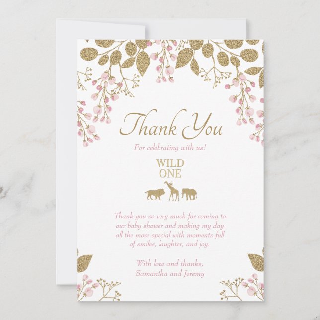 Carte De Remerciements Baby shower Safari rose et or Floral Wild One (Devant)
