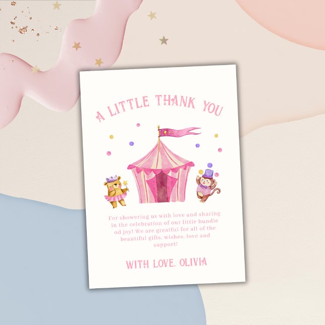 Carte De Remerciements Baby shower singe de cirque rose mignon unique (Pink Cute Unique Circus Bear Monkey Baby Shower Thank You Card)