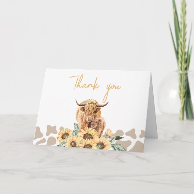 Carte De Remerciements Baby shower Sunflower Highland Cow (Devant)