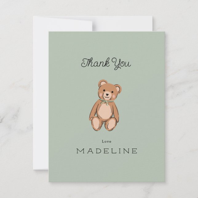 Carte De Remerciements Baby Shower Teddy Bear Classique Vert Sauge (Devant)