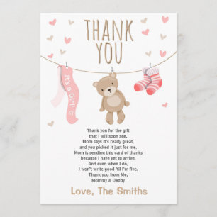 Carte De Remerciements Baby shower Teddy Bear fille rose