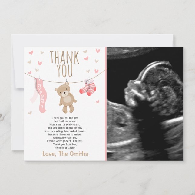 Carte De Remerciements Baby shower Teddy Bear rose (Devant)