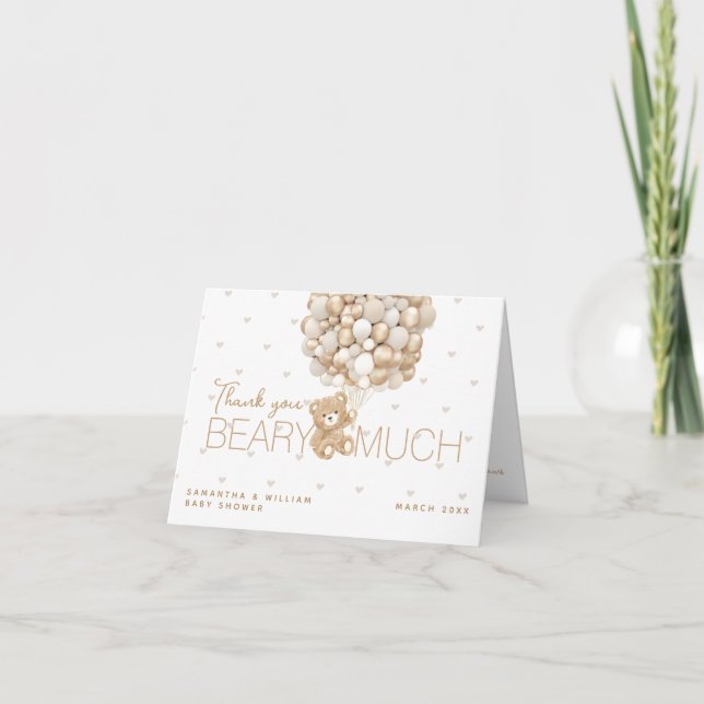 Carte De Remerciements Baby shower Teddy BearHeart & Balloon (Devant)