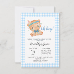 Carte De Remerciements Baby shower Teddy Ours Oh Boy Blue En vichy