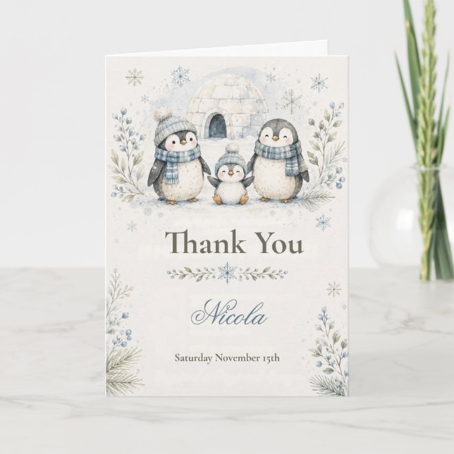 Carte De Remerciements Baby-Shower Thème Pingouin (Devant)