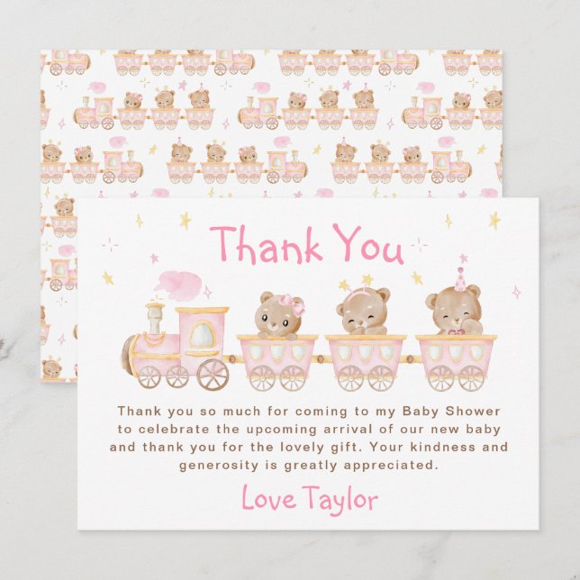 Carte De Remerciements Baby Shower Train Rose Bear (Devant / Derrière)