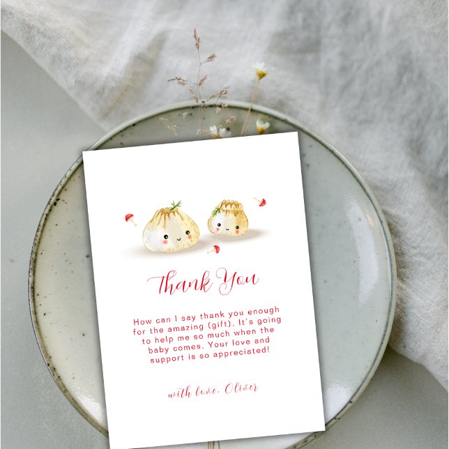 Carte De Remerciements Baby shower Twin Cute Dumpling Champignons (Cute Dumpling Mushroom Twin Baby Shower Thank You Card)