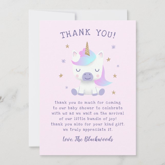 Carte De Remerciements Baby shower Unicorn (Devant)