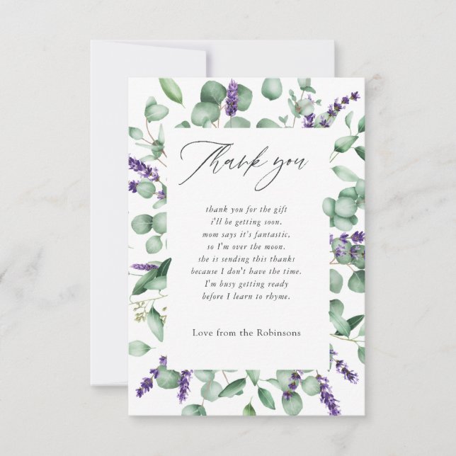 Carte De Remerciements Baby shower vert Eucalyptus Lavender (Devant)