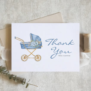 Carte De Remerciements Baby shower Vintage de poussette bleu Aquarelle