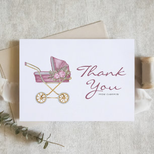 Carte De Remerciements Baby shower Vintage de poussette rose aquarelle