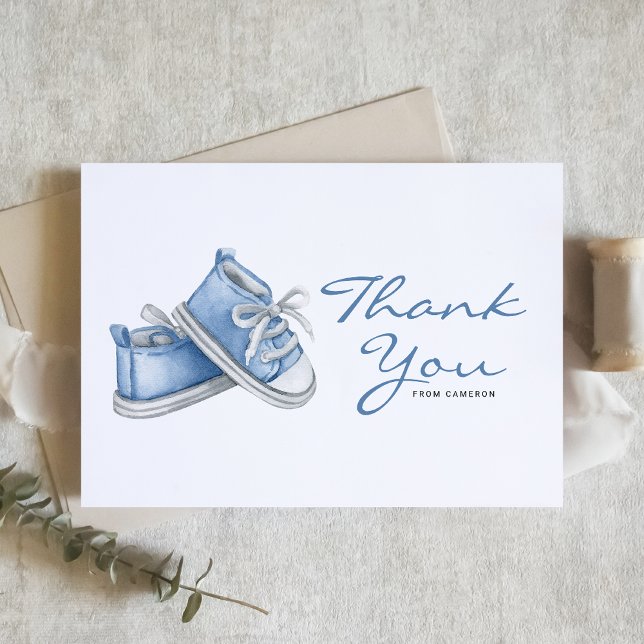 Carte De Remerciements Baby shower Watercolor Blue Baby Shoes (Créateur téléchargé)