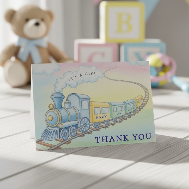 Carte De Remerciements Baby shower Whimsical du train Watercolor (Watercolor Train Whimsical Baby Shower Thank You Card
)
