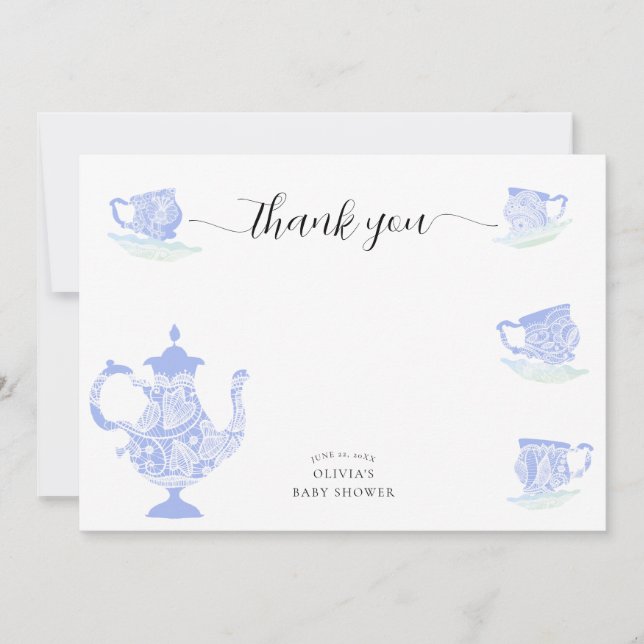 Carte De Remerciements Baby Tea Party Blue China White Lace Boy Show (Devant)
