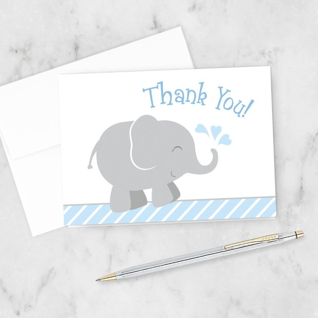 Carte De Remerciements Baignée Moderne Bleu Gris Éléphant Bébé Garçon (Créateur téléchargé)