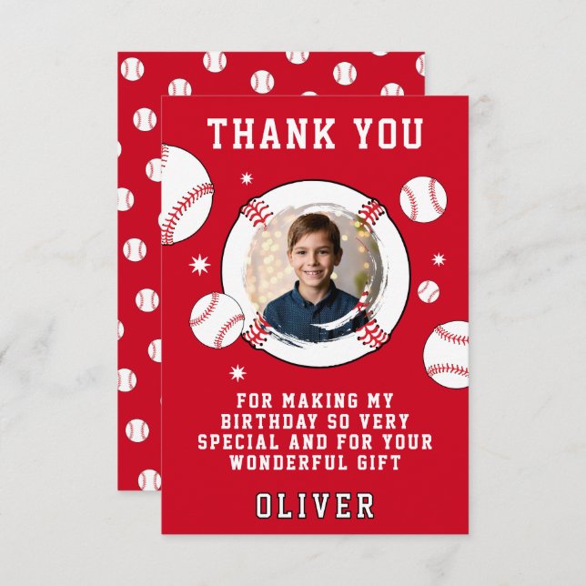 Carte De Remerciements Bal de baseball à thème Anniversaire Photo (Devant / Derrière)
