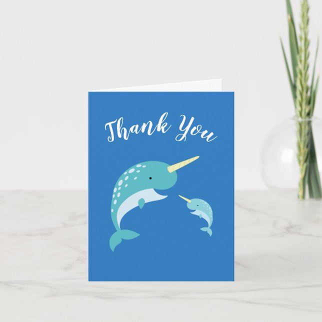 Carte De Remerciements Baleine à Baby shower bleu de Narwhal (Devant)