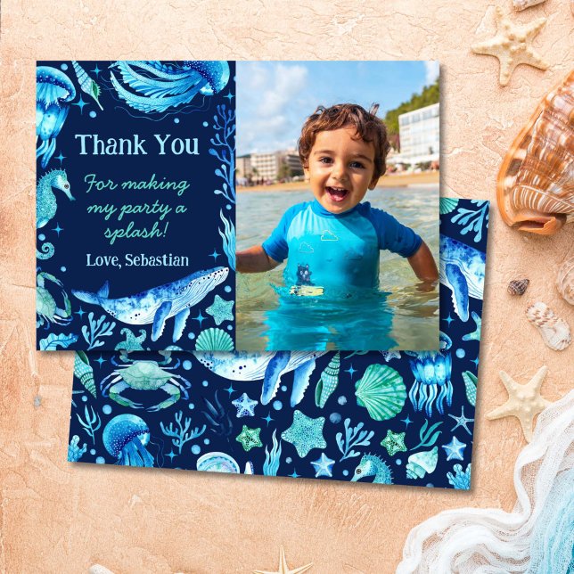 Carte De Remerciements Baleine d'eau sous la mer Créatures Photo (Watercolor Whale Under the Sea Creatures Photo Thank You Card)