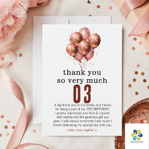 Carte De Remerciements Ballon en or rose pailleté aquarelle pour 3ème ann