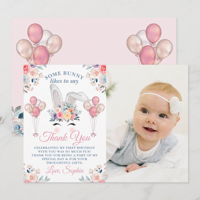 Carte De Remerciements Ballon floral lapin rose Photo 1er anniversaire (Devant / Derrière)