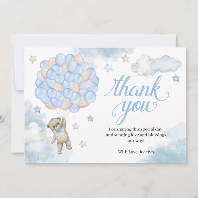 Carte De Remerciements Ballons bleu clair Baby shower Ours en peluche (Devant)