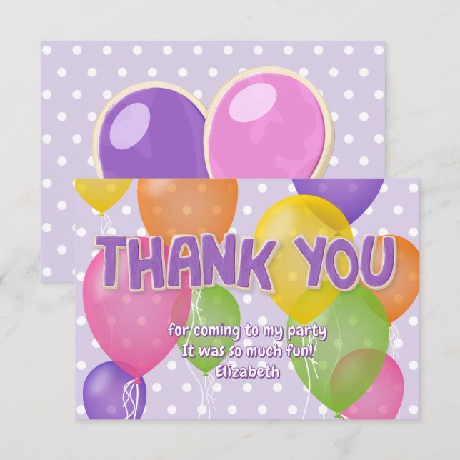 Carte De Remerciements ballons de biscuits coupés violet anniversaire mer (Devant / Derrière)