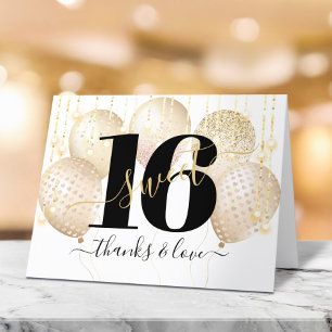 Carte De Remerciements Ballons de fête d'anniversaire Gold Sweet 16 Luxe