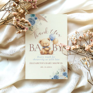 Carte De Remerciements Ballons d'ours en peluche mignon Boho bleu Rose Fl