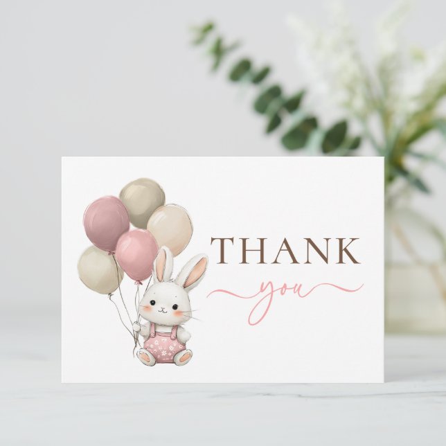 Carte De Remerciements Ballons lapins mignons | Baby shower rose fille (Debout devant)