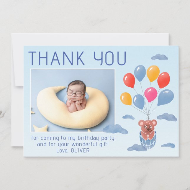Carte De Remerciements Ballons Ours En Jouet Enfants Photo Anniversaire (Devant)