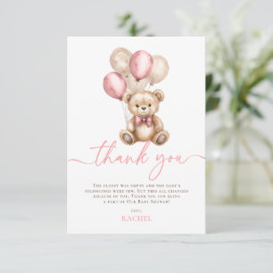 Carte De Remerciements Ballons Ours Teddy Baby shower Fille Rose