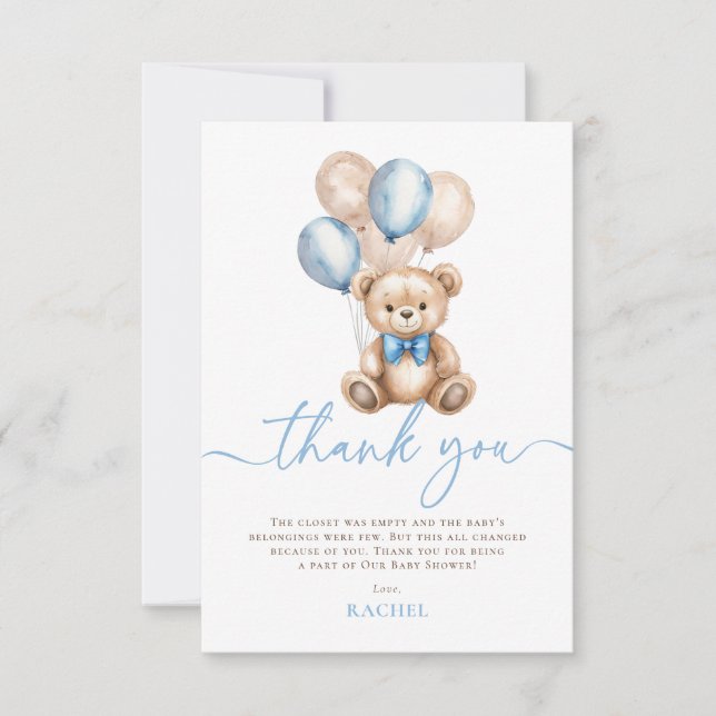 Carte De Remerciements Ballons Ours Teddy Baby shower Garçon bleu (Devant)